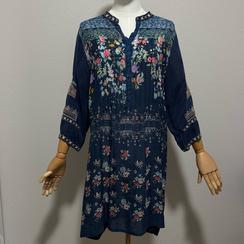 Johnny Was Embroidered Navy Floral Tunic Dress Small Boho